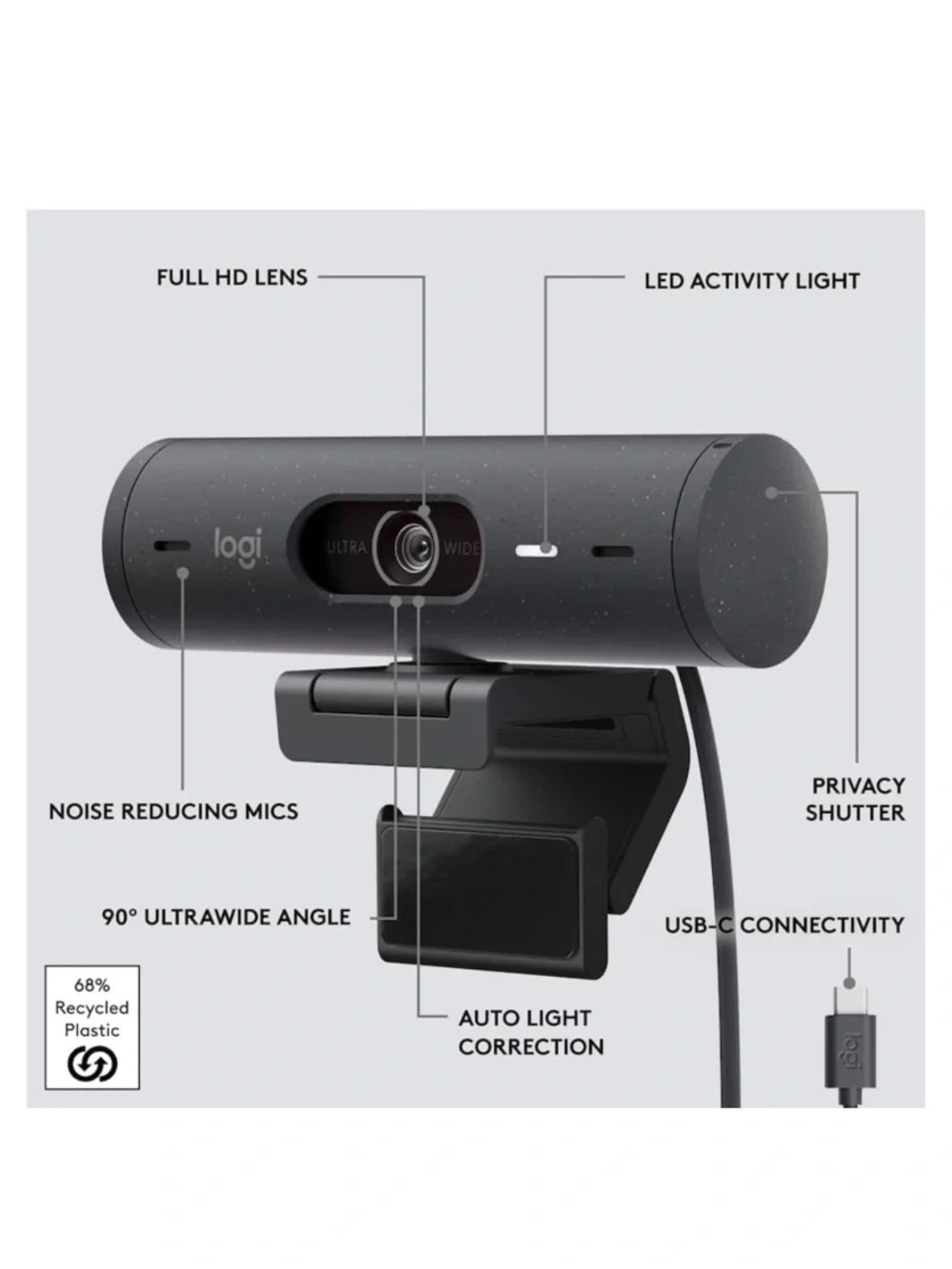 Logitech Brio 500 1920x1080p Webcam with Privacy Cover - Graphite